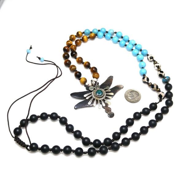 Dragonfly Necklace, Gemstone Beads, Hand Knotted Beads, Knotted Clasp, 34 Inches - Picture 3 of 7